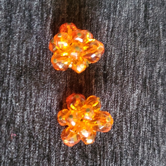 west germany Jewelry - Vintage West Germany Amber Clip On Orange Faceted Beaded Cluster Flower Earrings
